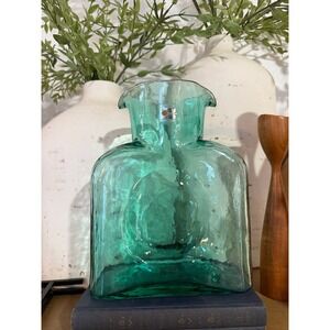 Blenko 384 Teal Glass Water Carafe MCM Hand Blown Double SpoutPitcher